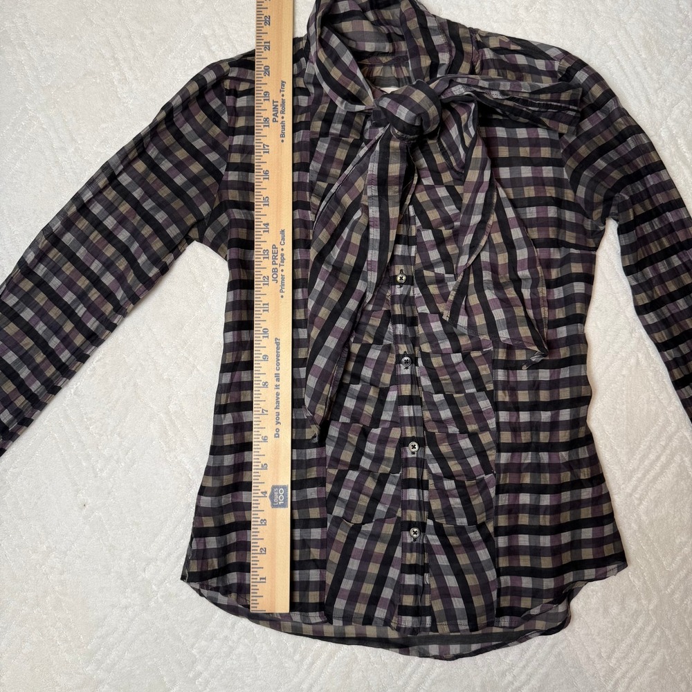 Dark Academia Preppy Billy Reid Sheer Plaid Tie Neck Blouse Size 2 Flawed - Picture 5 of 8